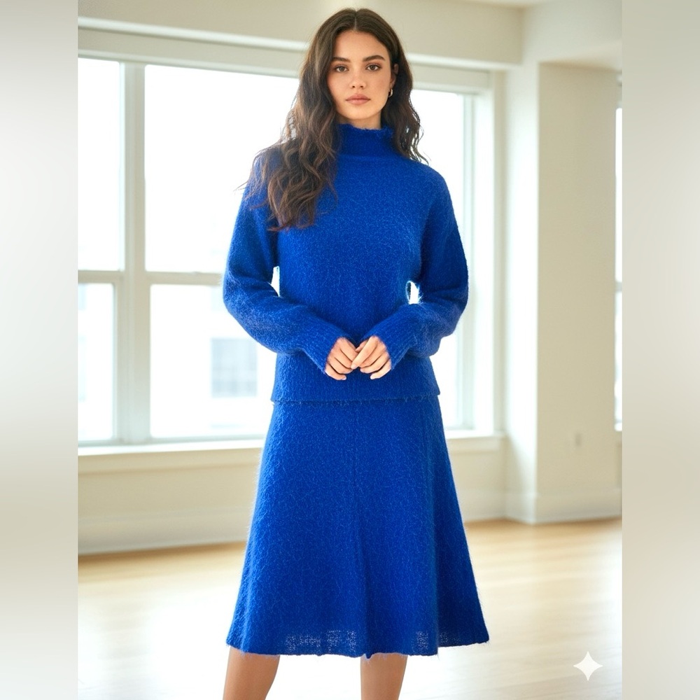 Hand Made Cobalt Blue Eyelash Knit Sweater Skirt Set Size S